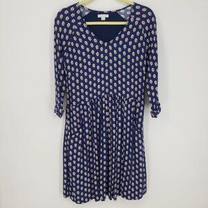 Garnet Hill Boho Floral Print A Line Dress 2 V Neck 3/4 Sleeves Navy Blue Red